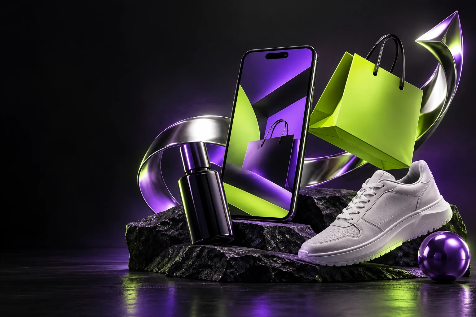 Composição de campanha com smartphone, sacola e produtos em roxo e verde-limão
